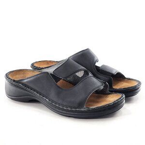 NAOT Black Leather Low Wedge Slide Sandals Elastic Straps